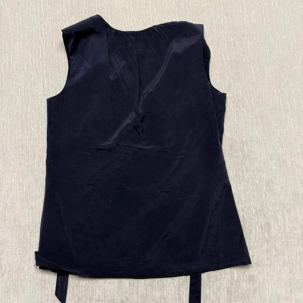 Tory Burch Silk Blouse Top Women 2 Navy Blue Sleeveless Ruffle Career Elegant